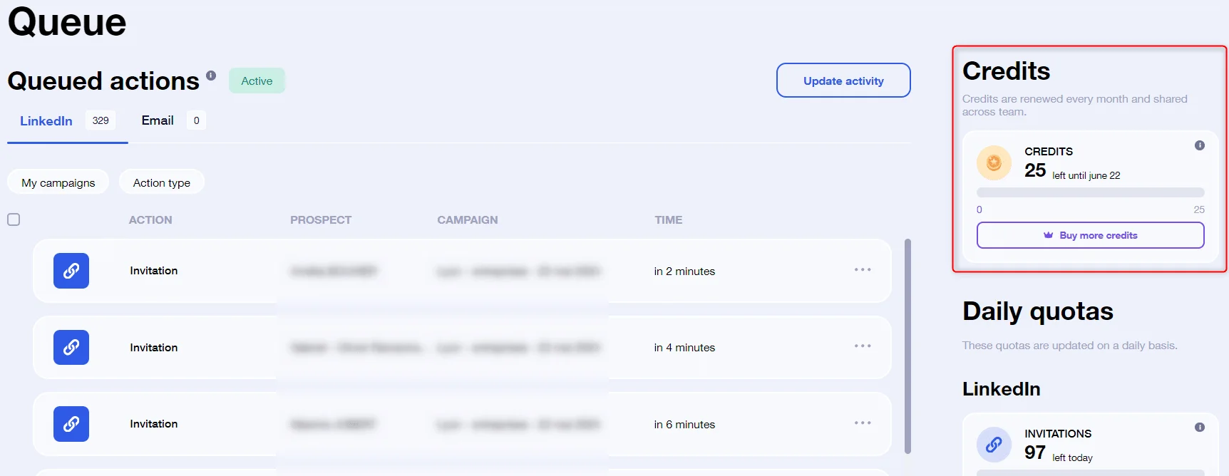 Queue actions LinkedIn Waalaxy