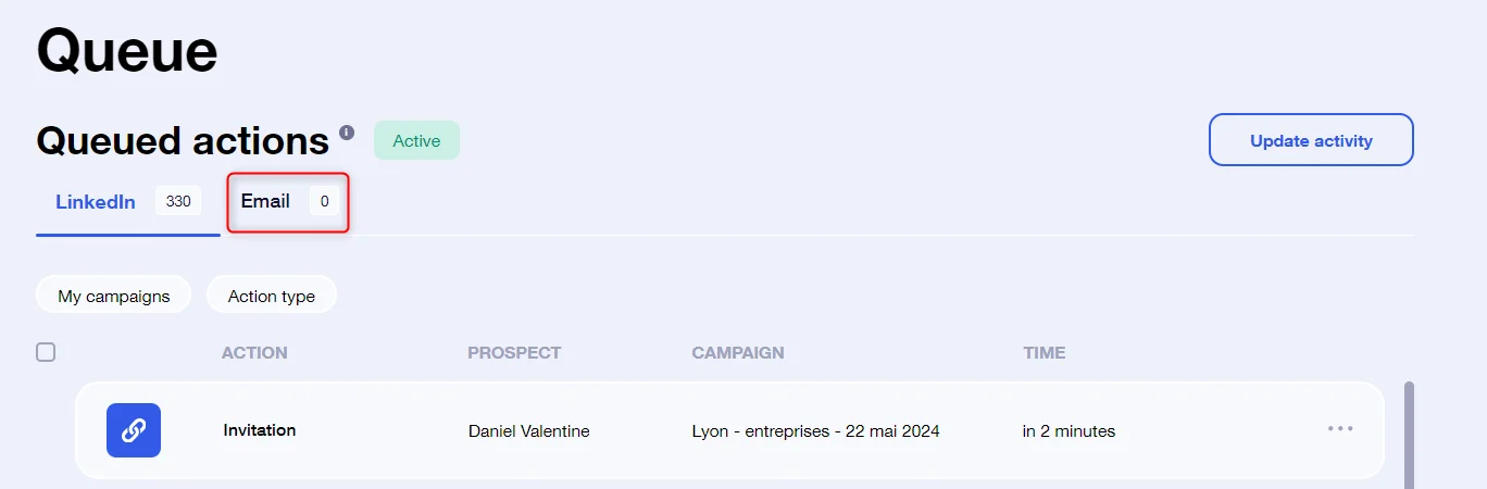 Page d'attente avec liste des actions en attente pour LinkedIn, action type Email, campagne Invitation, prospect Daniel Valentine, Lyon - entreprises, date 22 mai 2024.