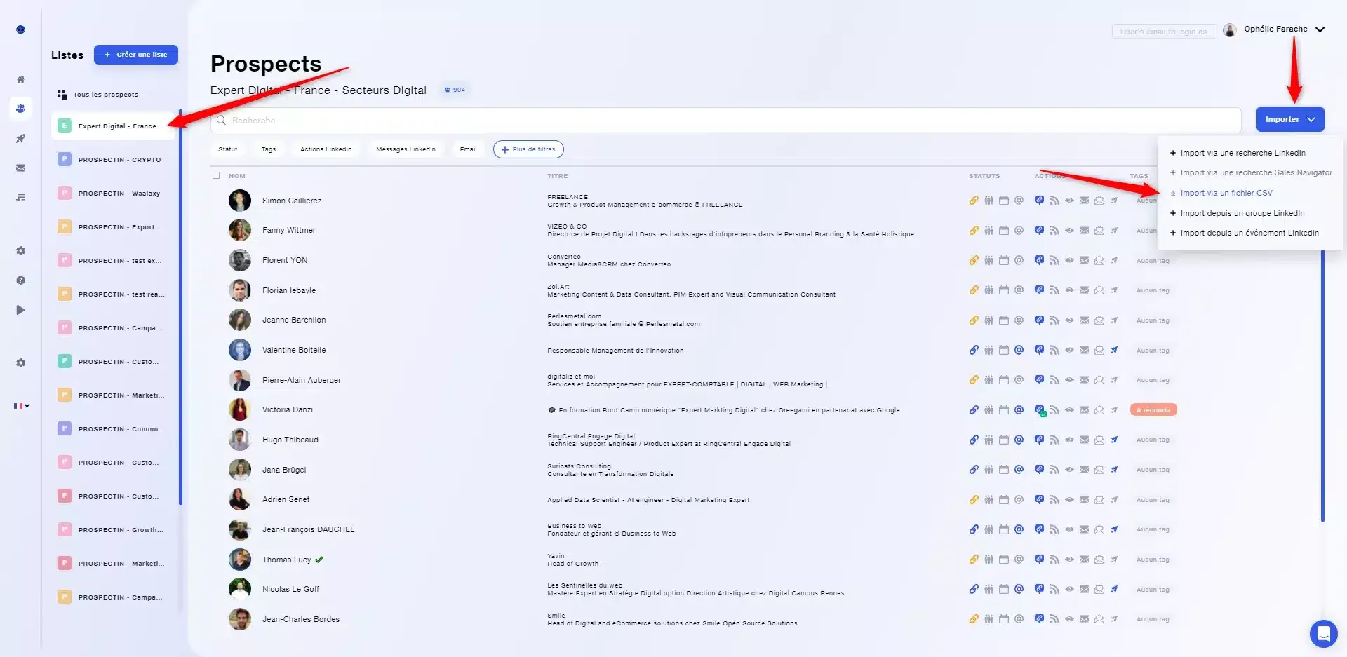 Interface prospects Waalaxy import données
