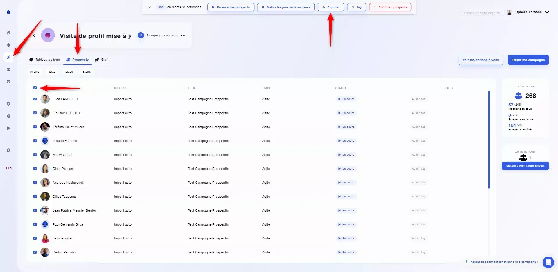 Interface prospection Waalaxy gestion prospects
