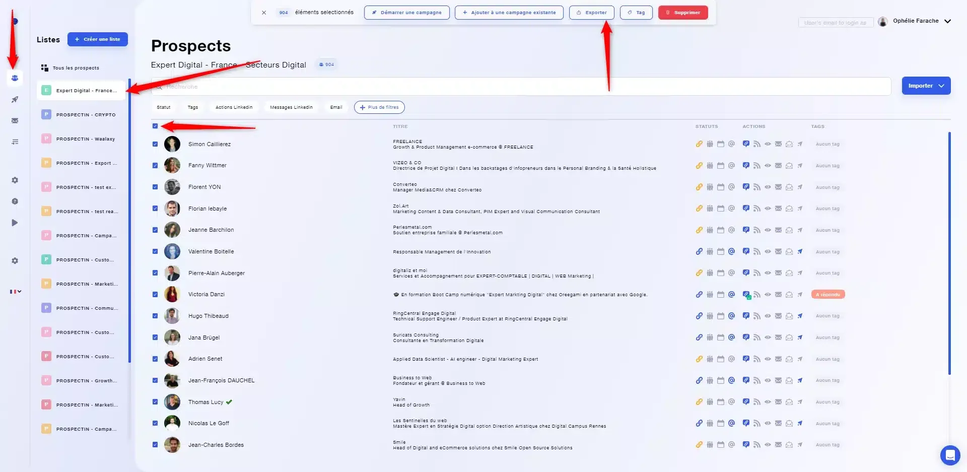 Interface prospection prospects Waalaxy