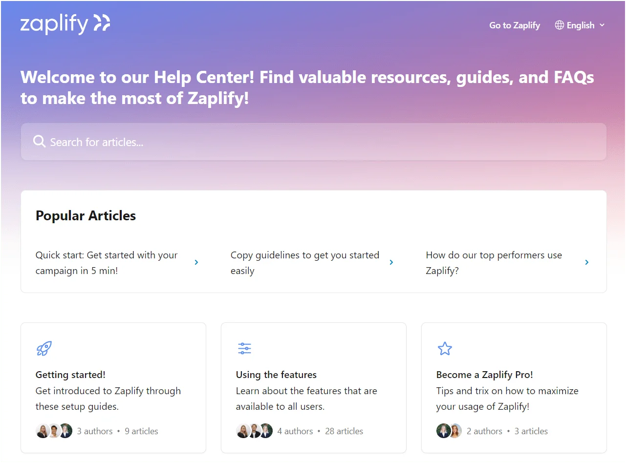 Page d'aide Zapify avec des articles populaires sur l'installation et l'utilisation.
