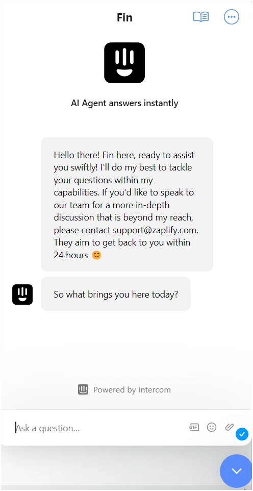 Interface d'assistance virtuelle avec chatbot "Fin", texte en français, icône de chat, bouton bleu pour envoyer un message.