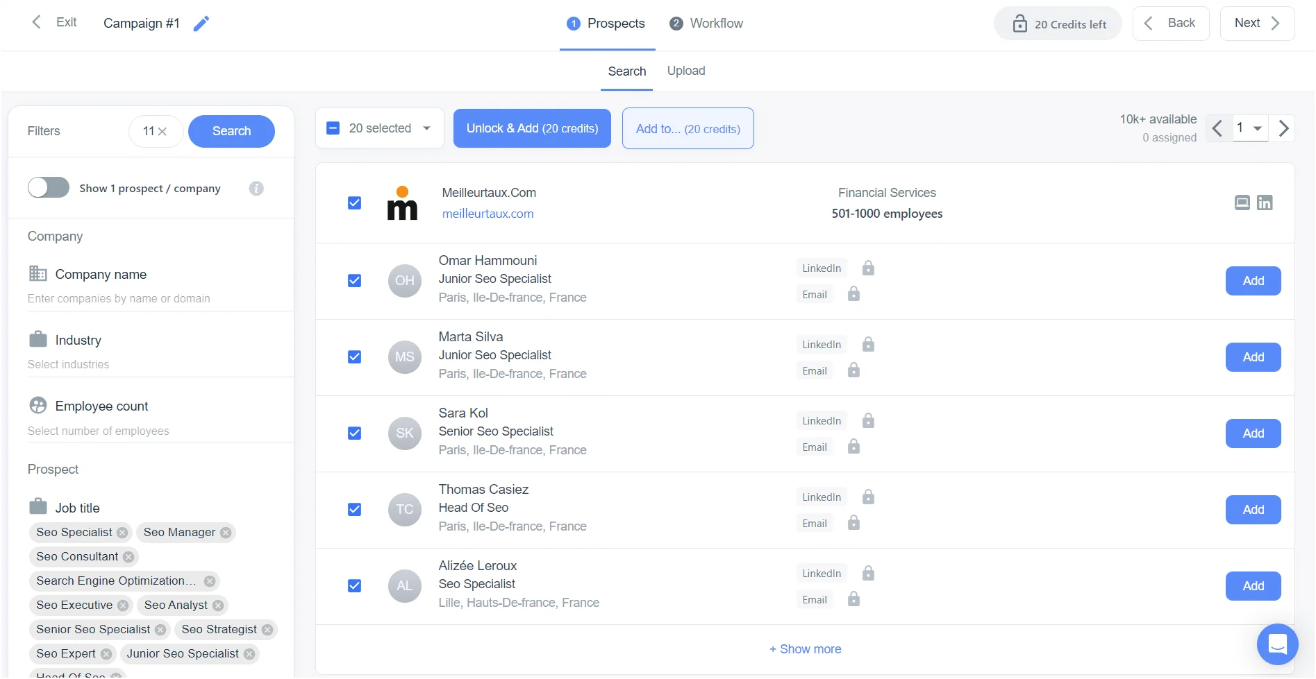 Page de gestion de prospects pour des candidats SEO en France.
