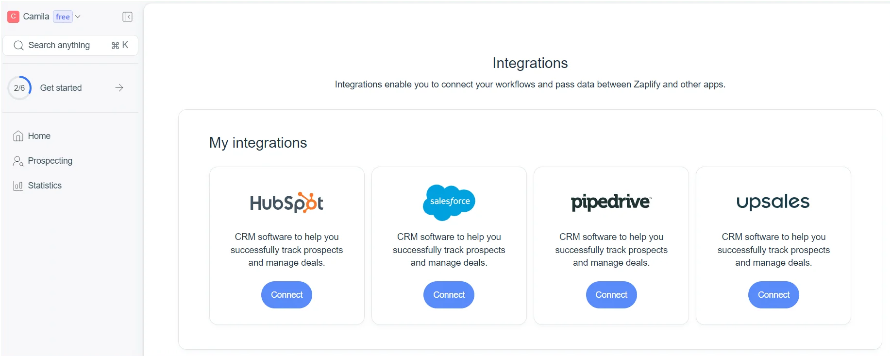 Page d'intégrations CRM avec des options comme HubSpot, Salesforce, Pipedrive et Upsales.