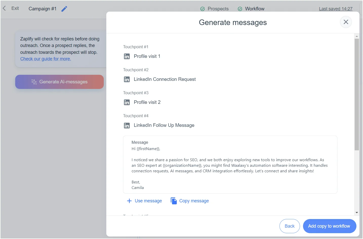 generate prospecting message on Zaplify
