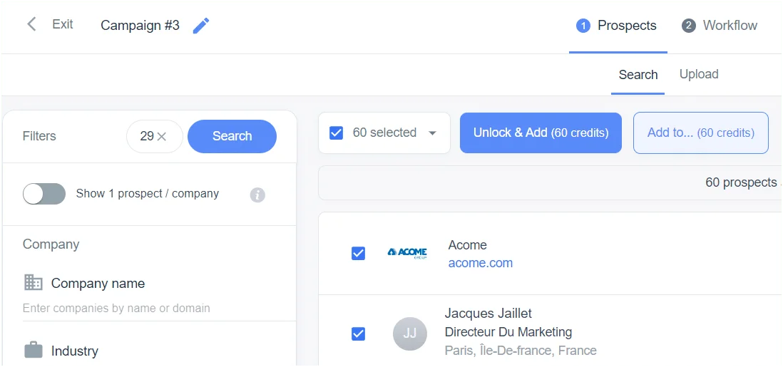 Interface de gestion de campagne avec filtres et résultats de recherche de prospects.