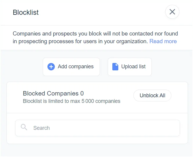 Page de gestion d'une liste noire (blocklist) avec options pour ajouter des entreprises, télécharger une liste, et bloquer jusqu'à 5000 entreprises.