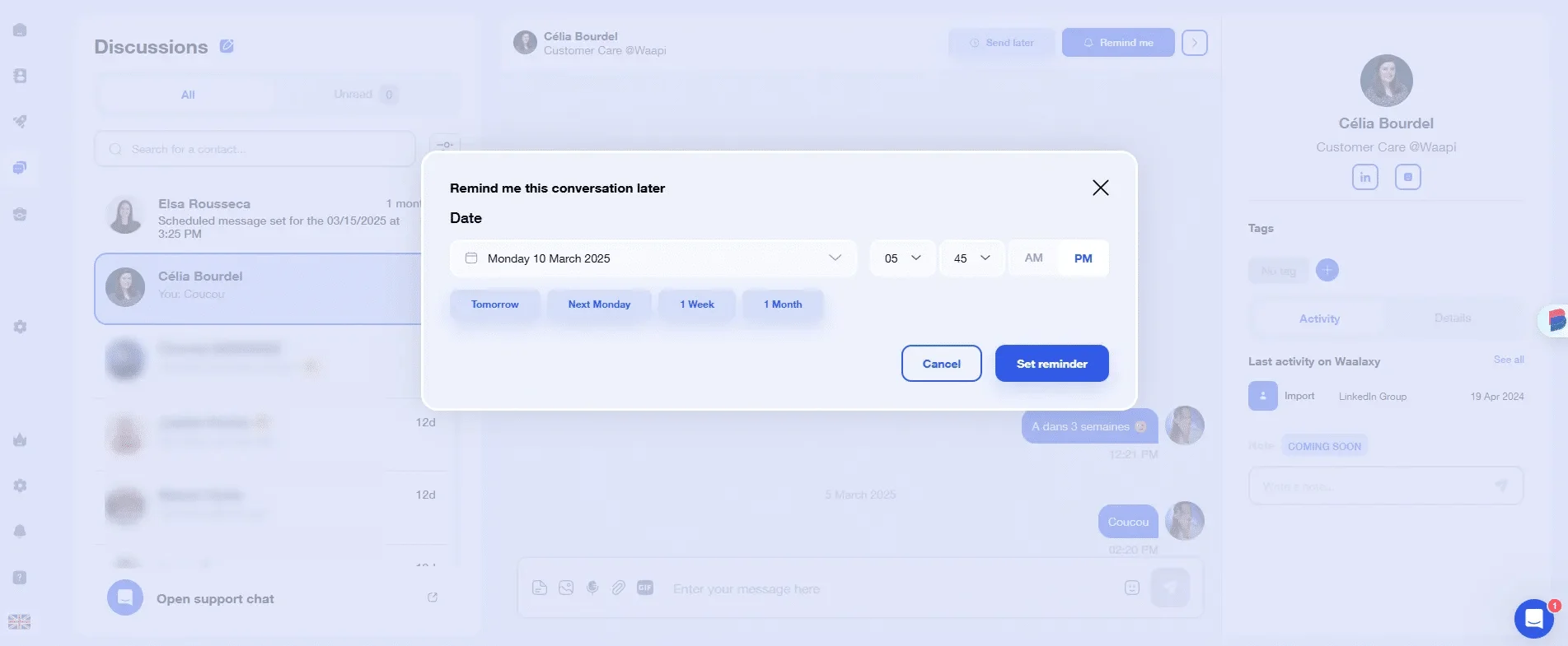 Modal rappel conversation Waalaxy