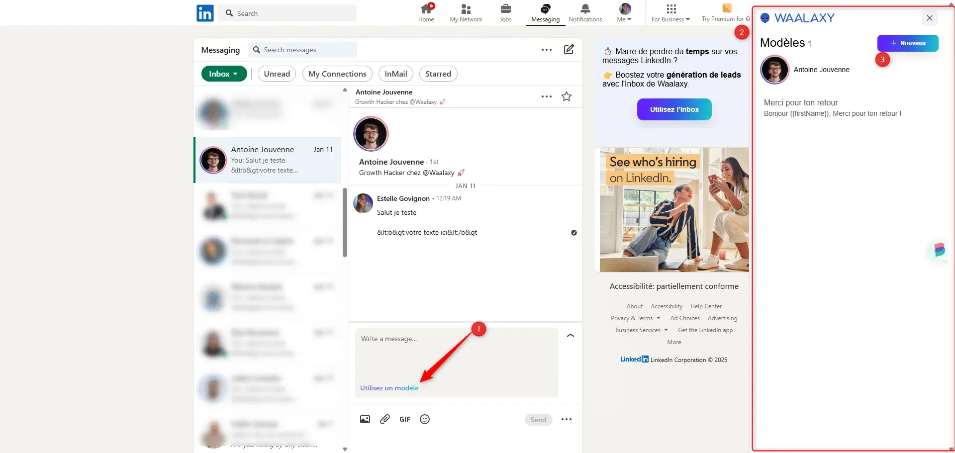 Interface messagerie LinkedIn Waalaxy