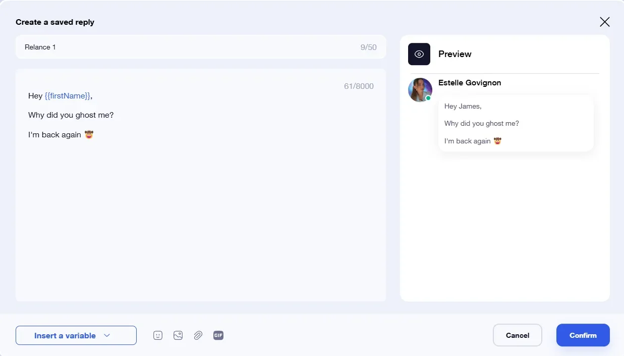 Create saved reply Waalaxy template