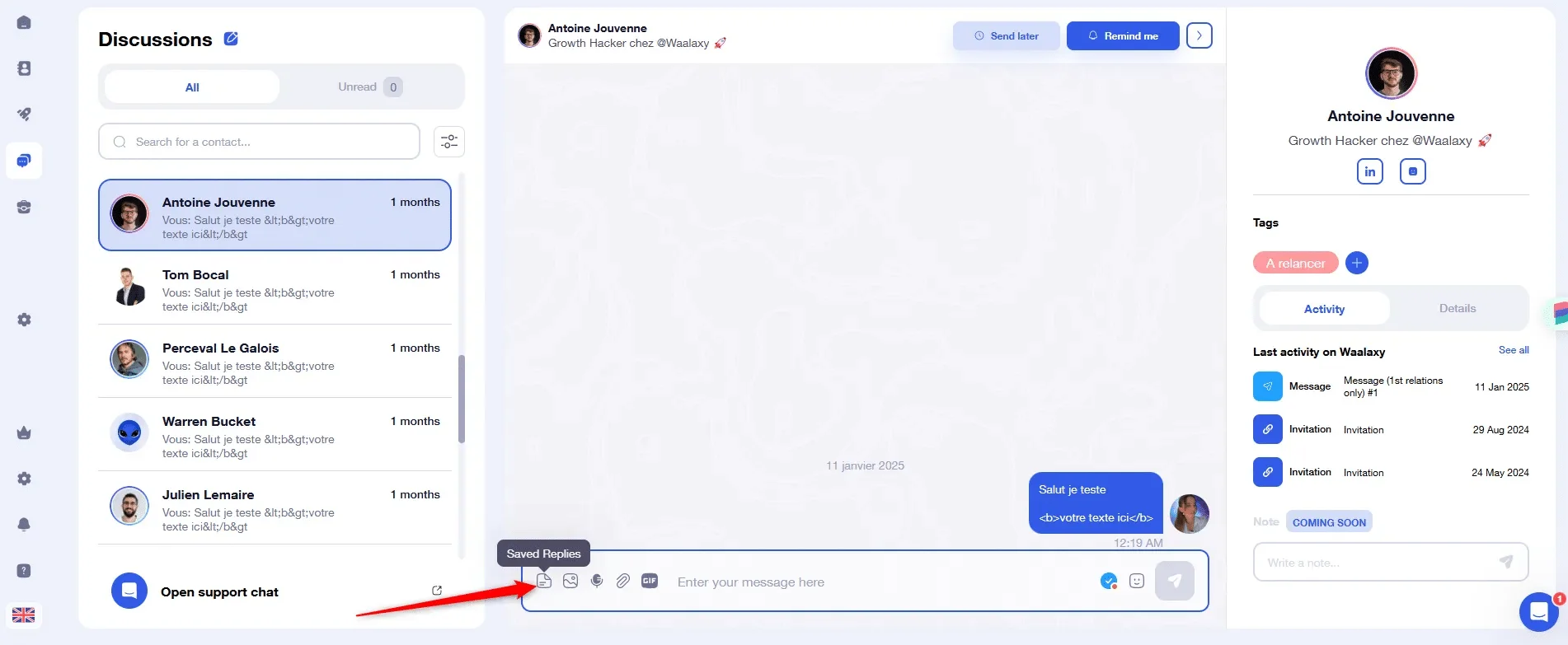 Interface Waalaxy discussions contacts prospection