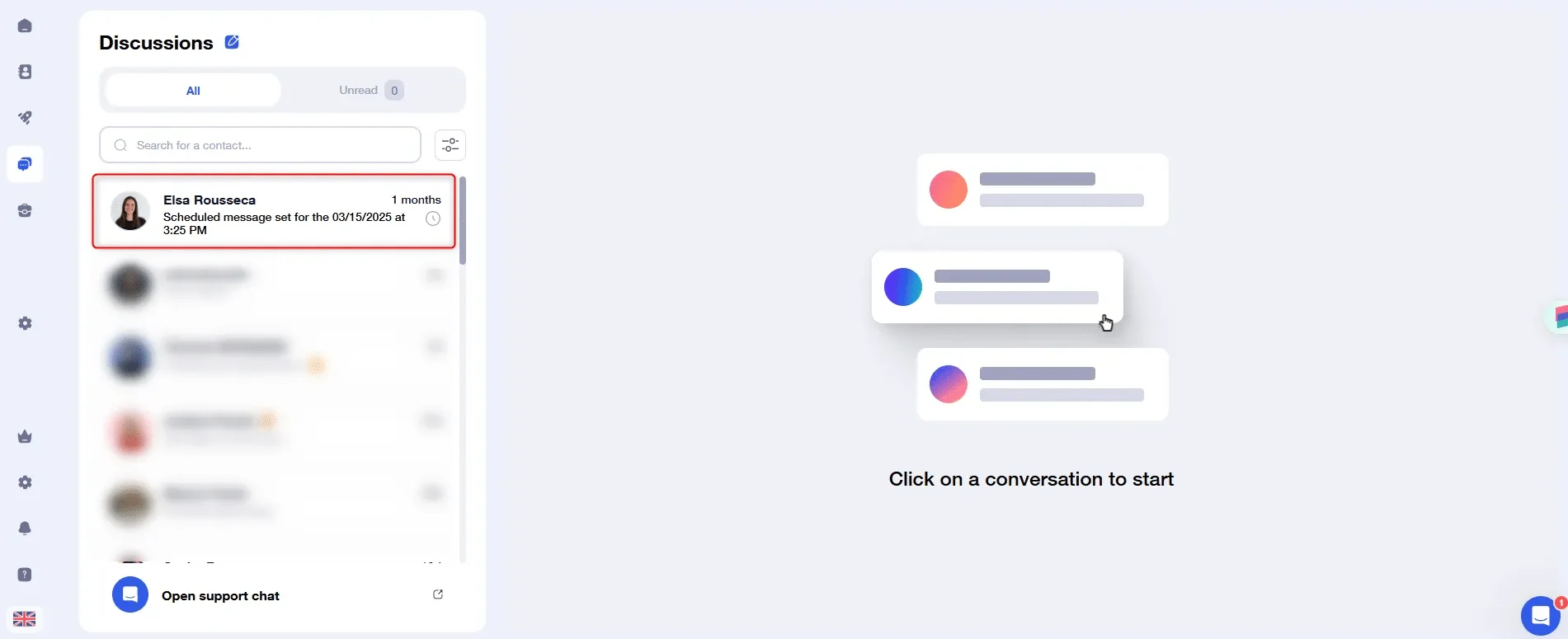 Interface discussions Waalaxy messages planifiés