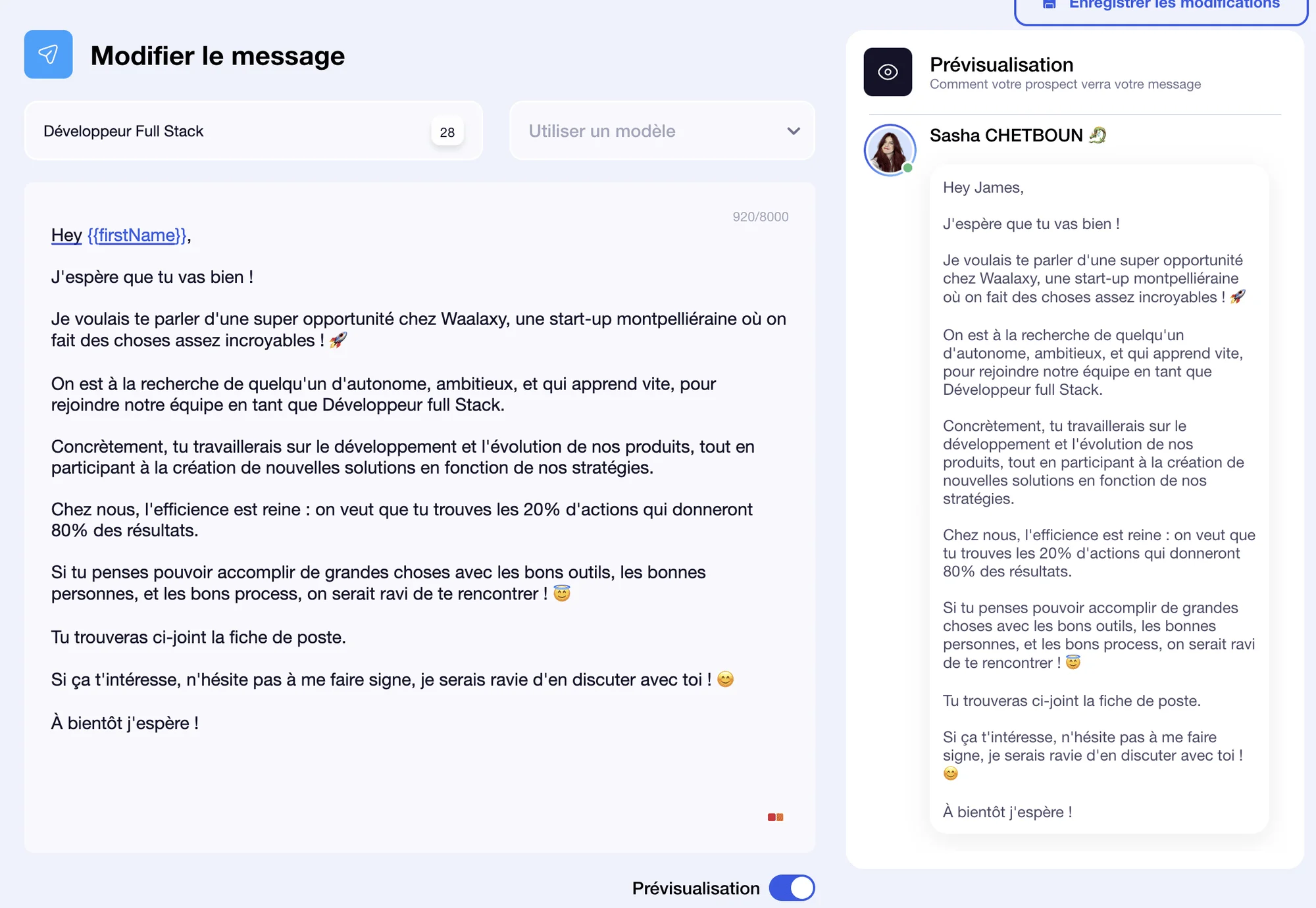 outil gratuit LinkedIn - prévisualisation message sur waalaxy