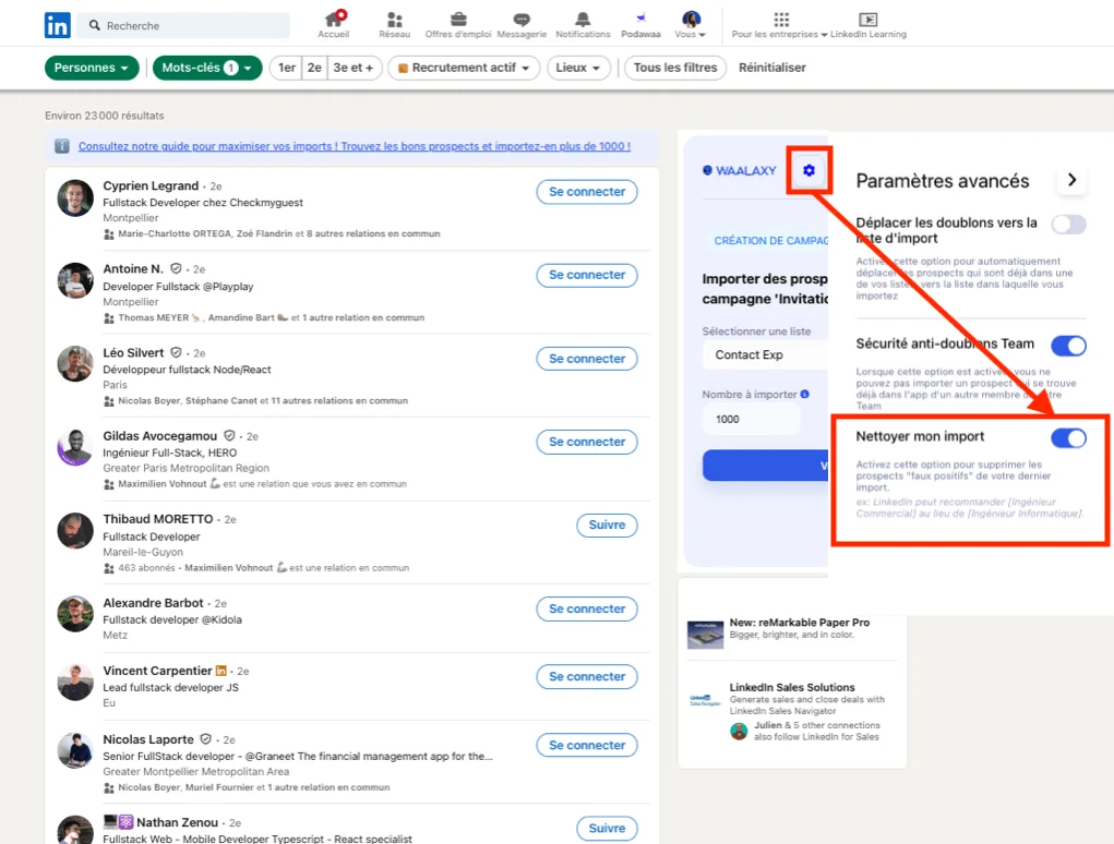 Page LinkedIn, filtre de recherche, paramètres avancés avec option "Nettoyer mon import" activée.