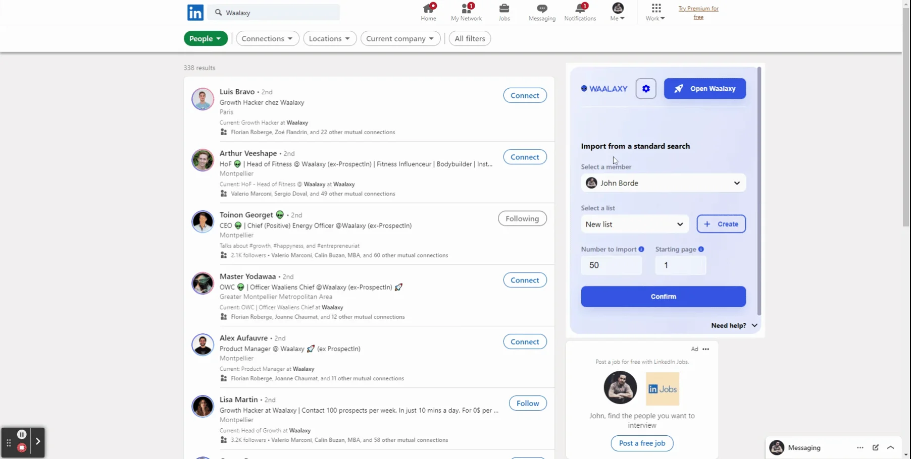 LinkedIn recherche prospects Waalaxy