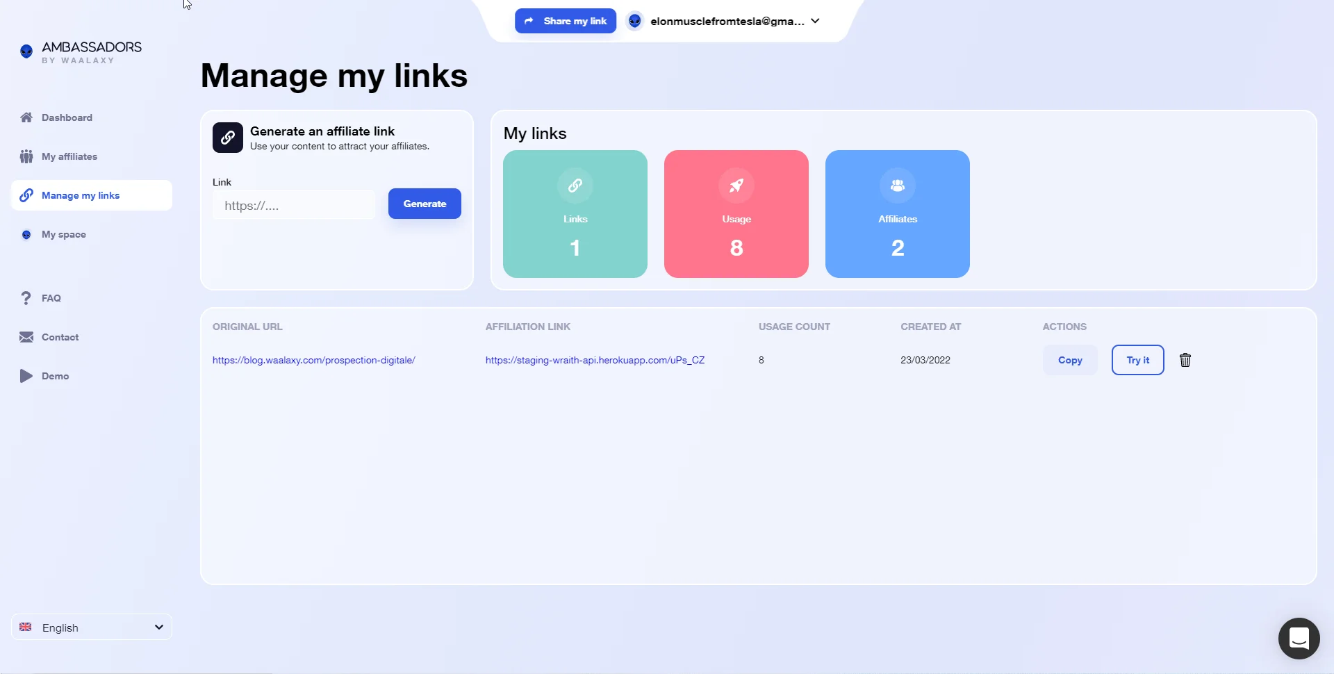 Manage affiliate links Waalaxy dashboard