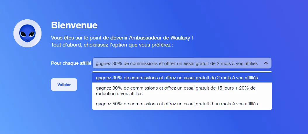 Interface bienvenue Waalaxy programme affiliation