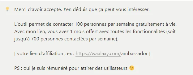 Message acceptation lien affiliation Waalaxy