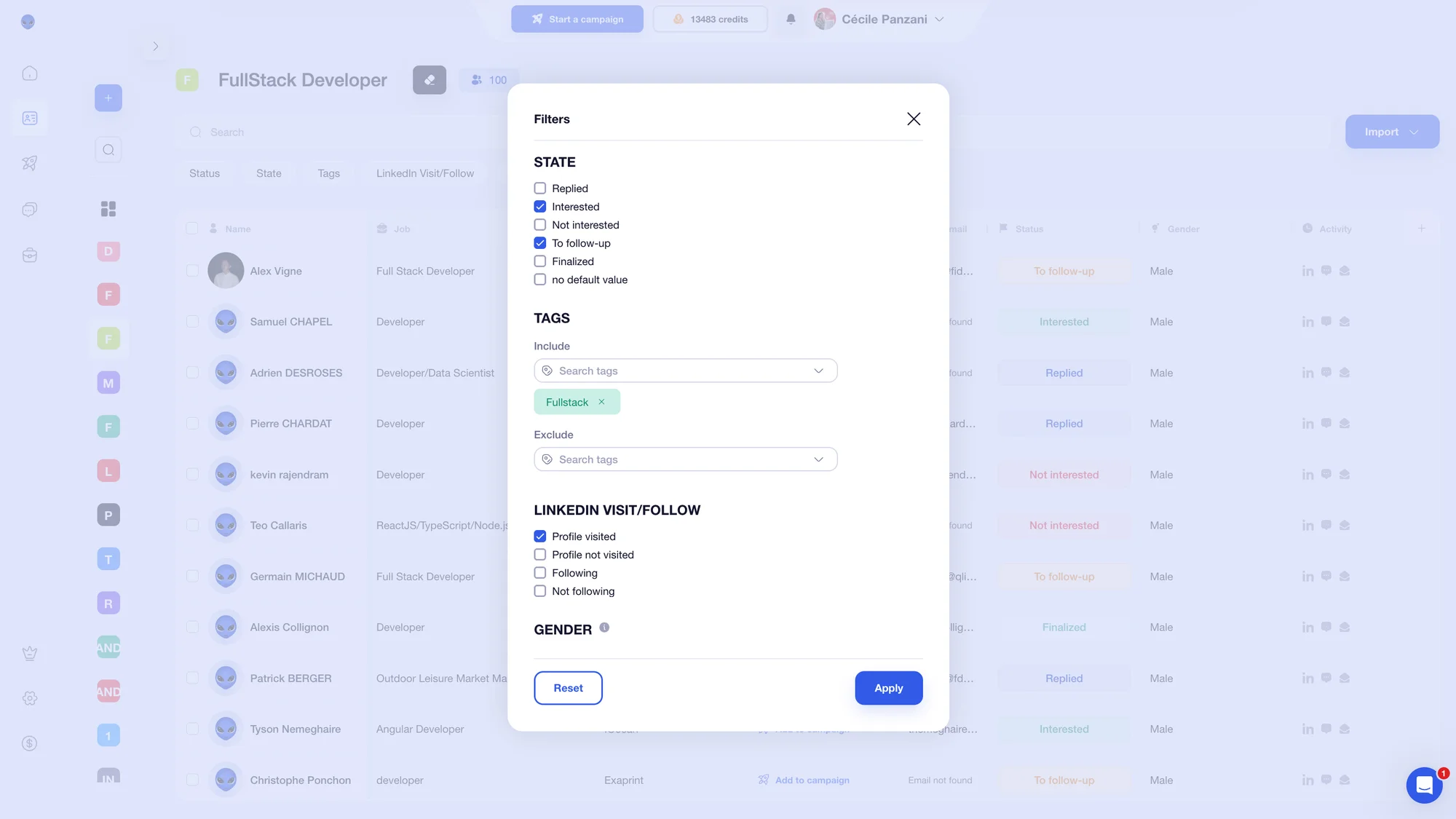 Filters available on Waalaxy