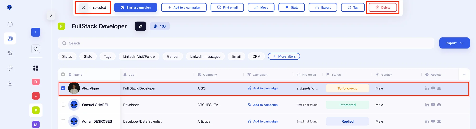 delete a prospect from a list with Waalaxy