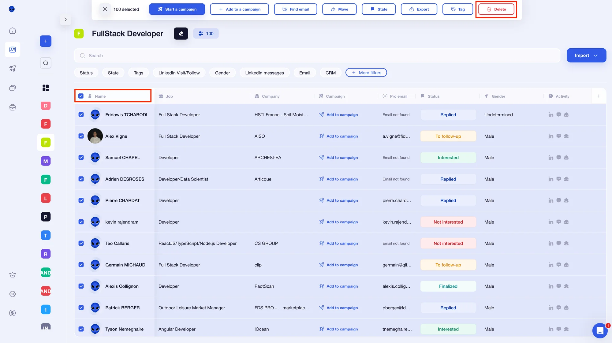 Delete a list of prospects with Waalaxy