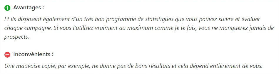 Liste des avantages et inconvénients d'un programme de statistiques pour les campagnes marketing.