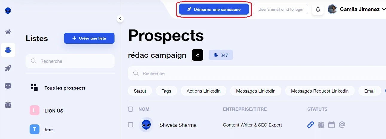 Page d'interface utilisateur avec des listes et prospects, bouton "Démarrer une campagne" en haut.