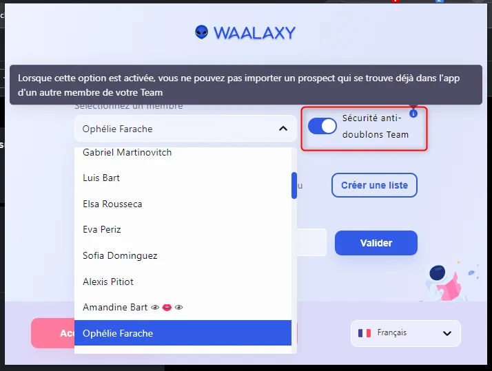 Interface sélection membre équipe Waalaxy