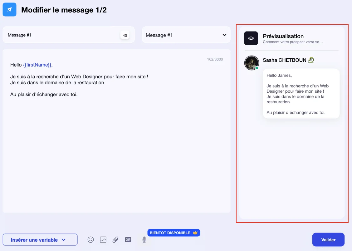 Interface d'envoi de messages avec prévisualisation. Nom de l'utilisateur: Sasha CHETBOUN. Contexte: plateforme de messagerie professionnelle.