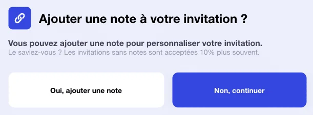 Page d'invitation avec option pour ajouter une note ou continuer directement.