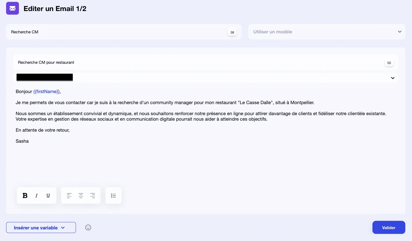 Page web d'email marketing, formulaire pour envoyer un email à un candidat CM pour restaurant "Le Casse Dalle".