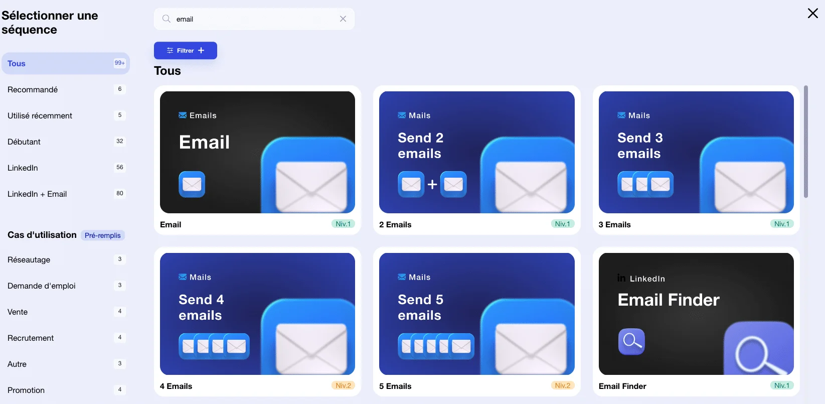 Page web présentant des options pour envoyer des emails, avec des nombres d'emails (2 à 5) et un filtre "Email Finder". Contexte : plateforme de marketing digital.