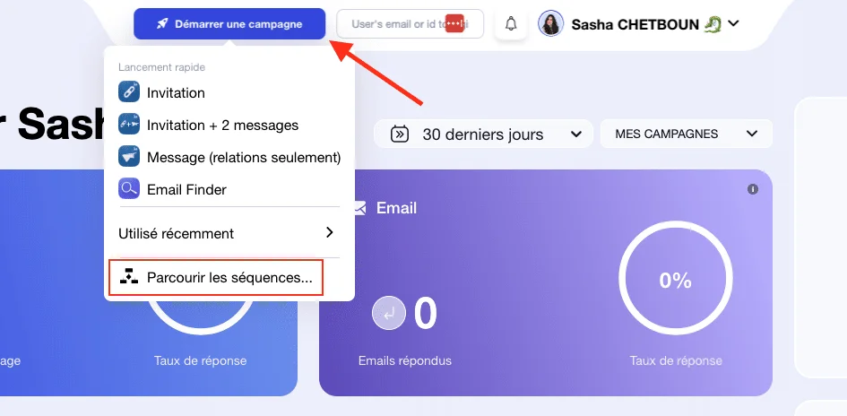 Page d'interface utilisateur avec des options de campagne et un champ de recherche pour l'email ou l'ID. Contexte : gestion de campagnes email marketing.