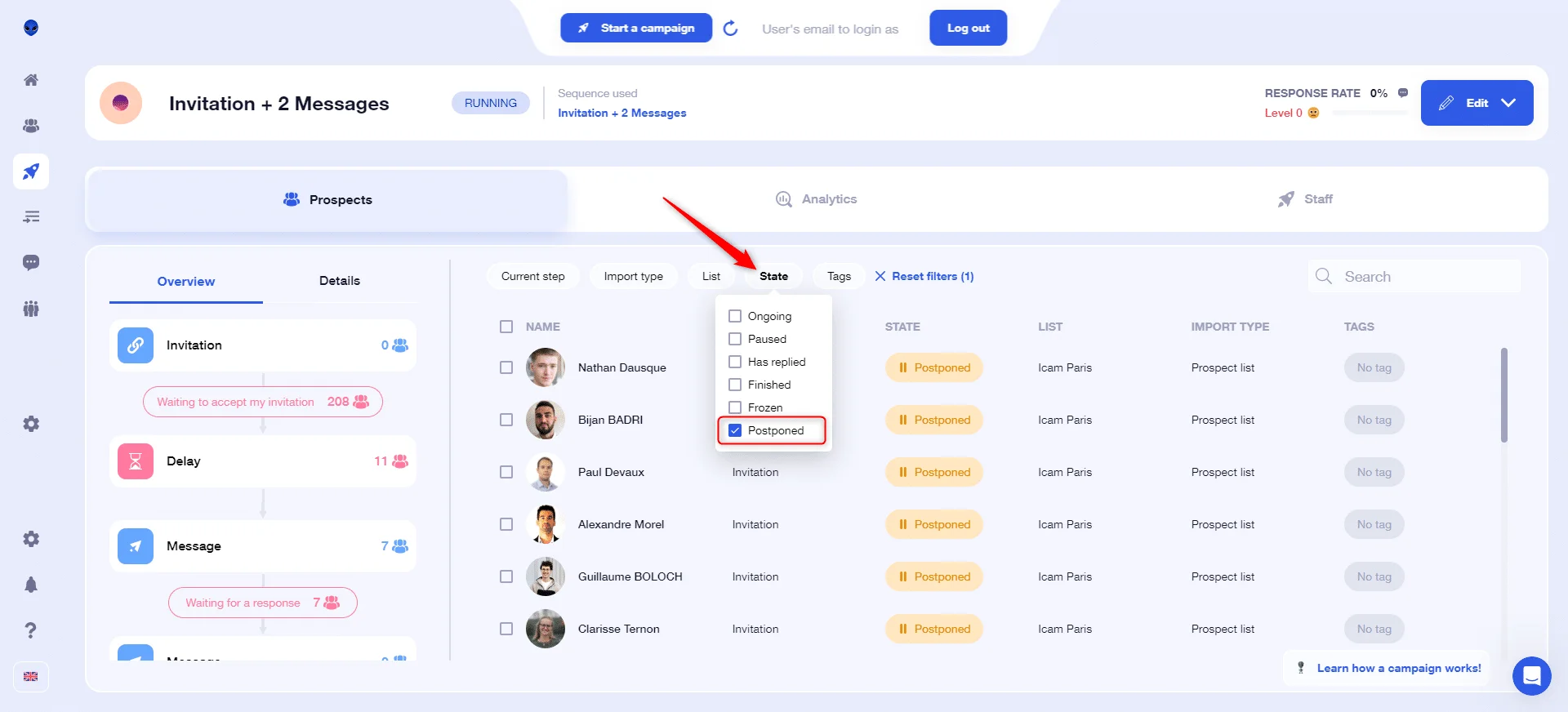 Interface campagne prospection Waalaxy