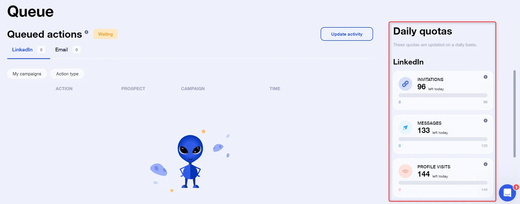 File d'attente actions LinkedIn en attente Waalaxy