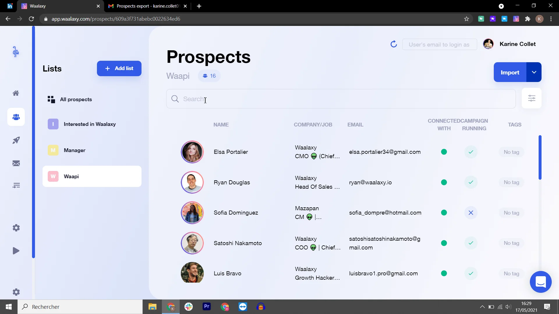 Interface gestion prospects Waalaxy