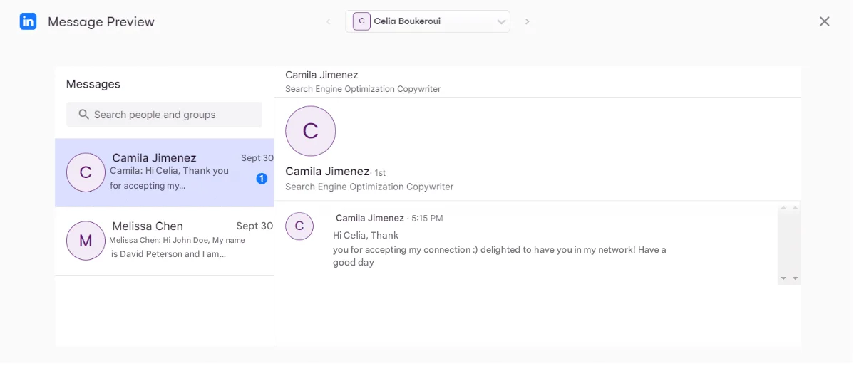 Screenshot of messaging interface with messages in conversation. French and English texts. Visible profiles. Application user interface.