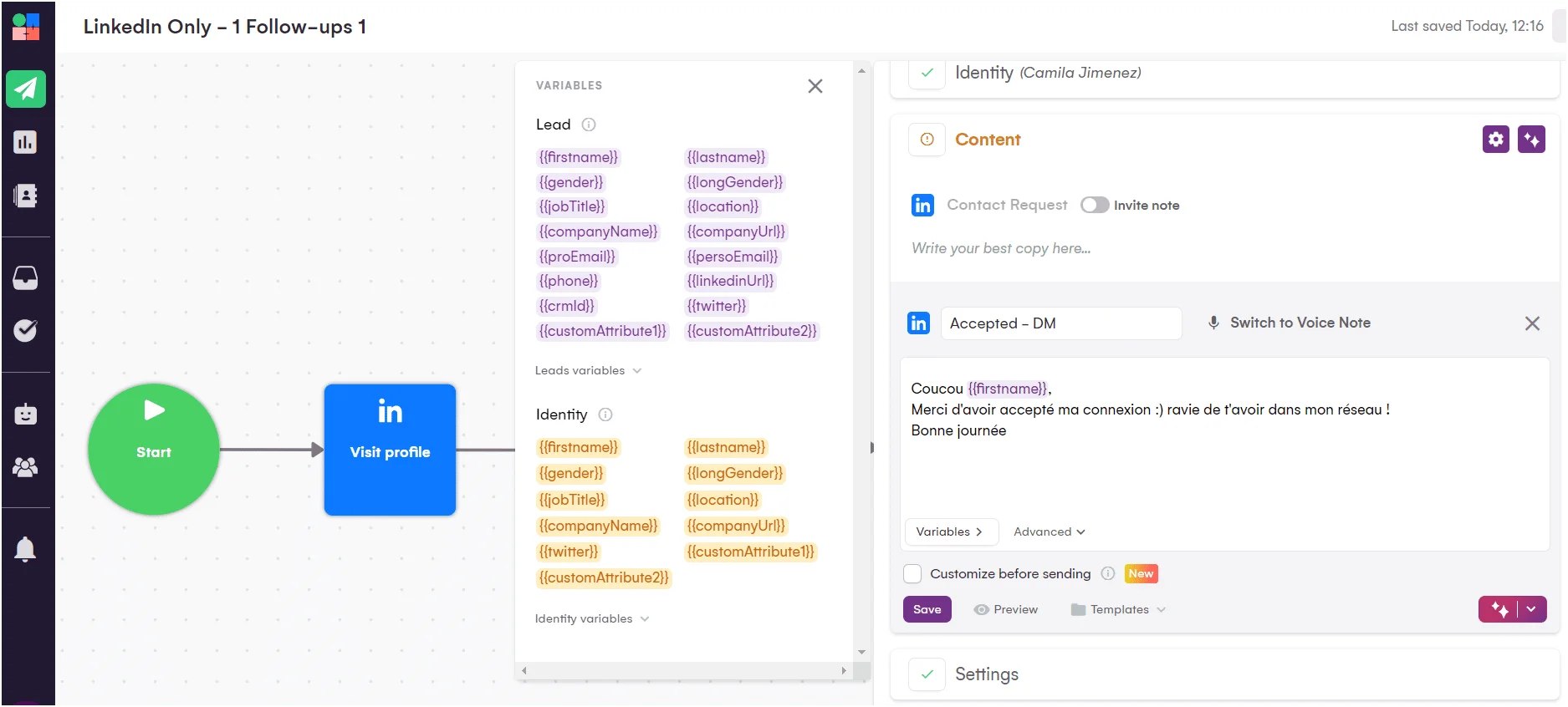 Interface d'automatisation LinkedIn avec flux de tâches et modèles de messages.