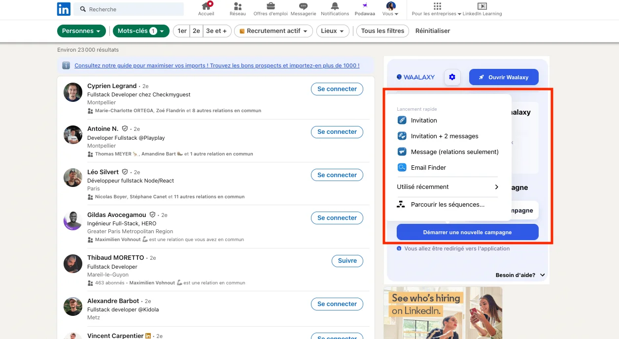 Page LinkedIn avec liste d'contacts et interface de campagne Wealaxy.