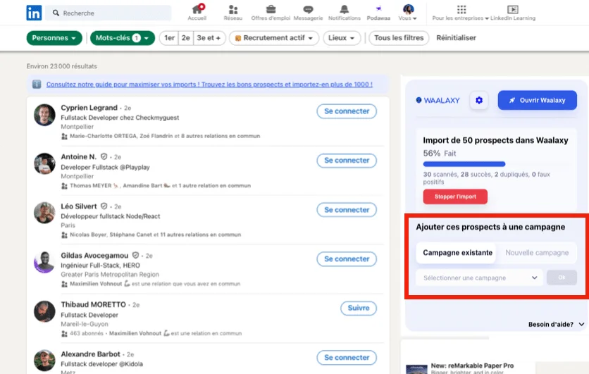 Page LinkedIn avec liste de profils et option de sélection d'une campagne existante pour importation.
