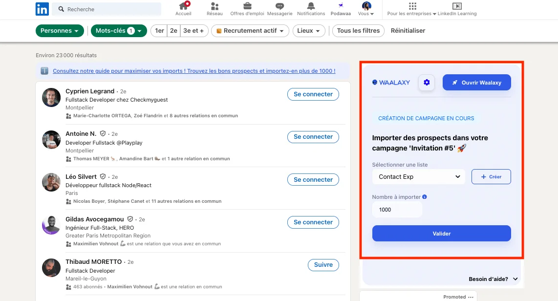 Page LinkedIn avec liste d'utilisateurs et formulaire d'importation de prospects.
