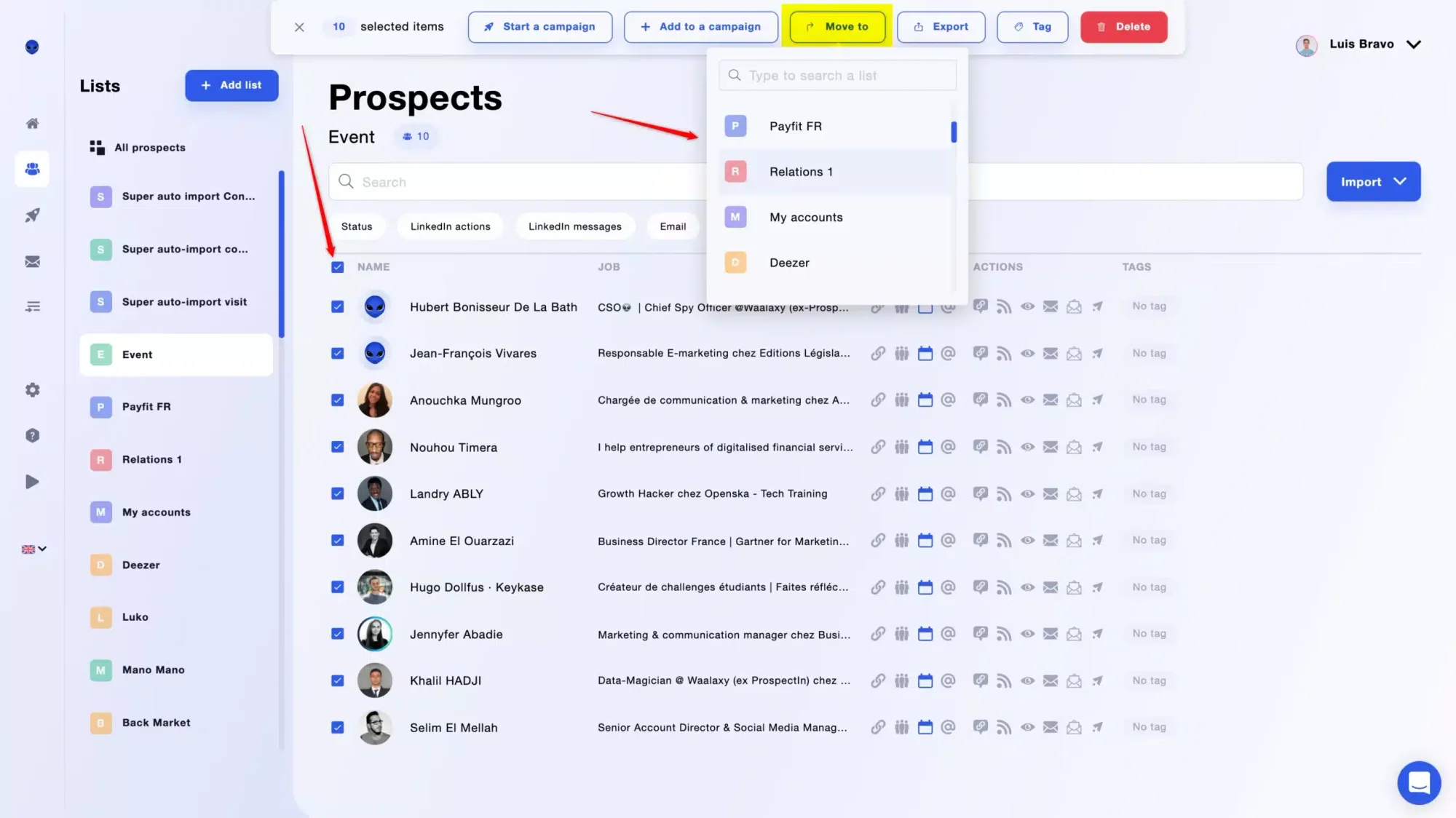 Interface prospection prospects Waalaxy