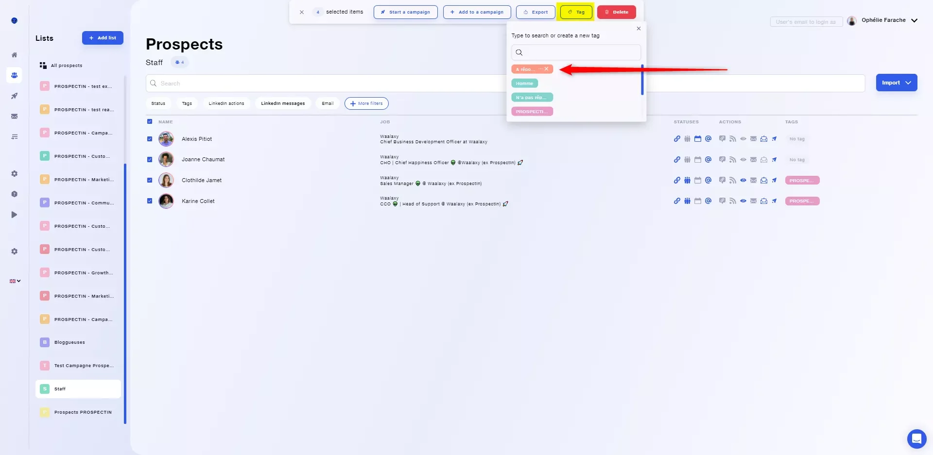 Interface tagging prospects Waalaxy