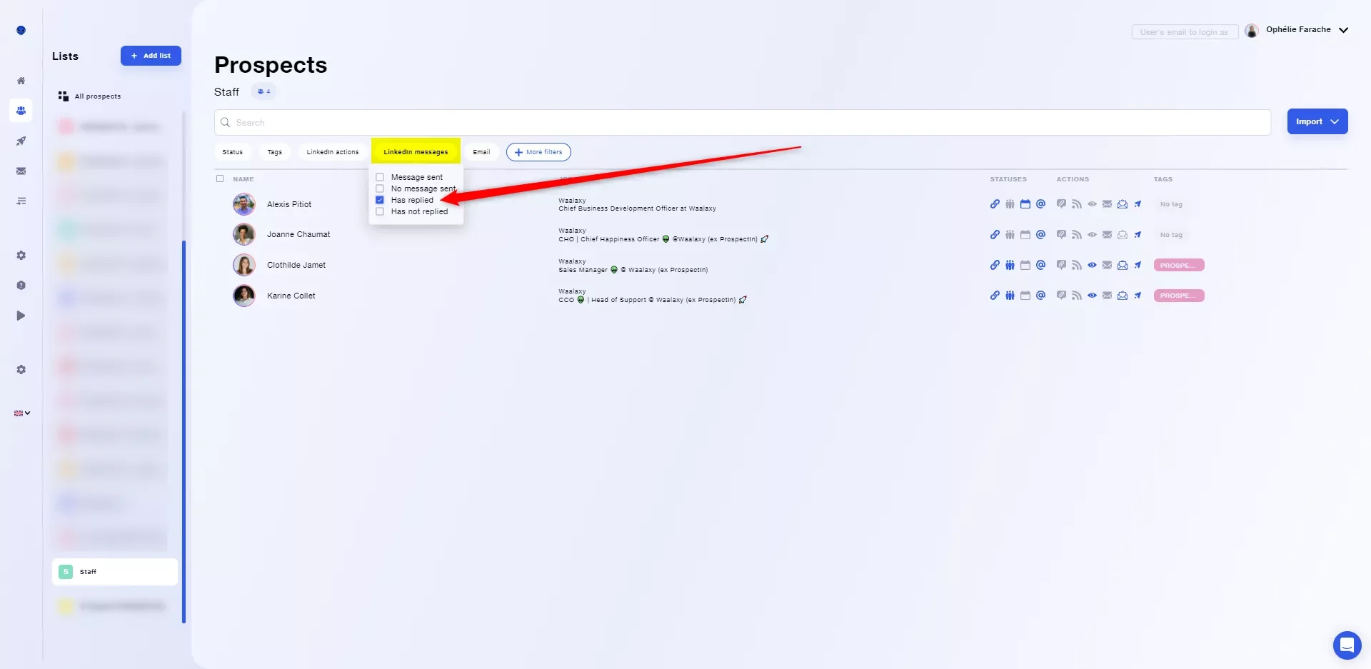 Interface Waalaxy filtres messages LinkedIn