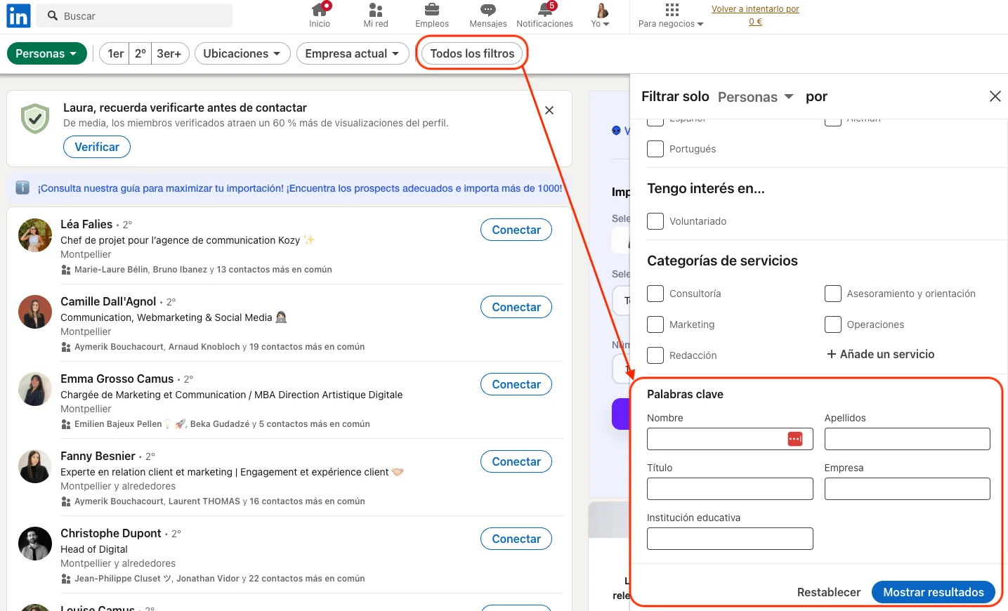 Selección de filtros para linkedin scraping
