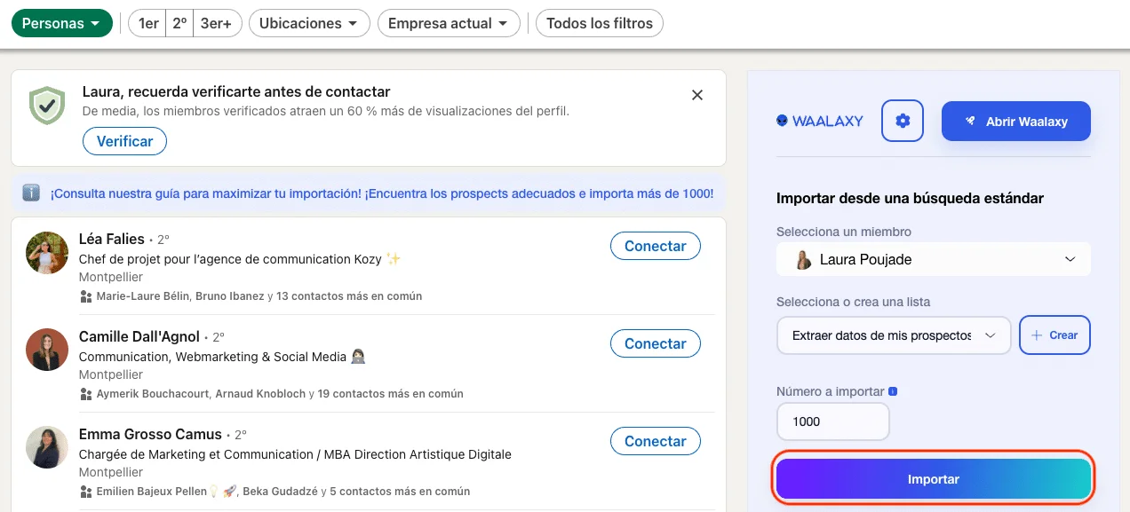 Importar una lista de clientes potenciales con Waalaxy directamente desde la búsqueda en Linkedin