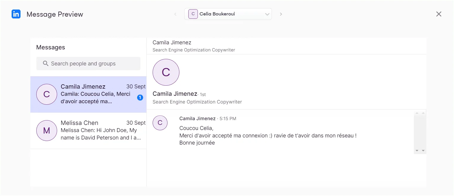 Vue d'écran de messagerie avec des messages en cours de conversation. Textes français et anglais. Profils visibles. Interface utilisateur d'application.
