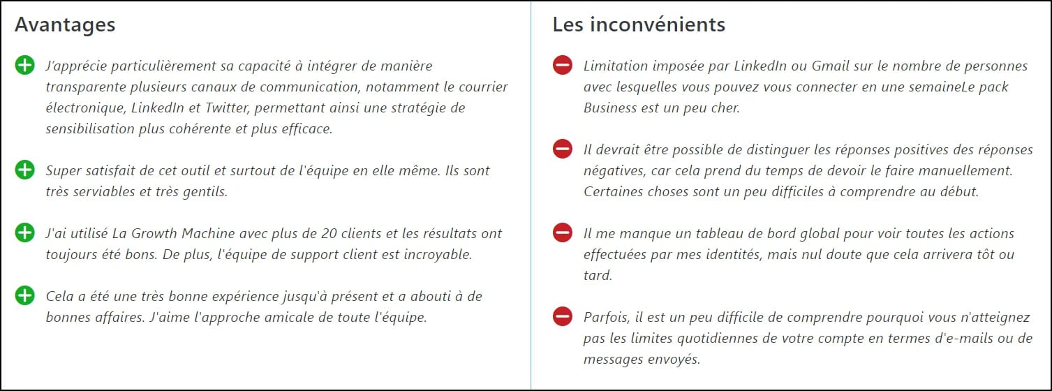 La growth machine Tableau comparatif des avantages et inconvénients d'un outil marketing.