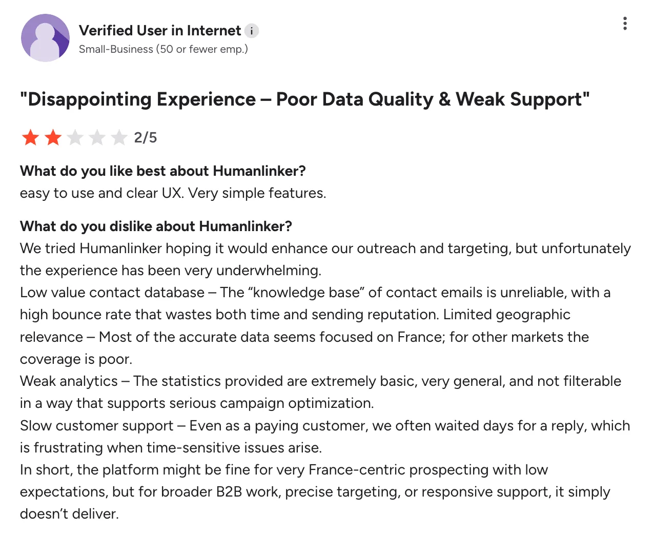 HumanLinker customer reviews